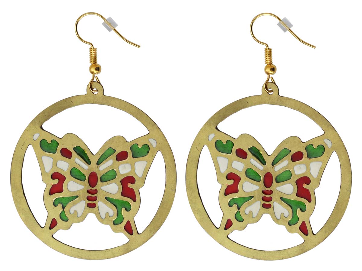 2.5” Pair of Round Hook Earrings in Brass - Golden Butterfly Pattern - Drop Earrings / Women Fashion Jewelry - Buy in Bulk Wholesale